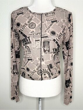 Windsor Beige and Black Newspaper Print Long Sleeve Top
